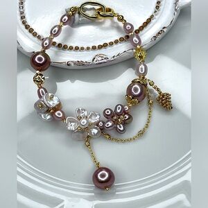 Handmade Freshwater Edison Keshi Flower 🌺 Pearl Copper Pink White Bracelet
